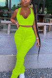Fluorescent green Sexy British Style Solid Fold V Neck Sleeveless Short Two Pieces