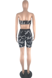 Black Street Print Hollowed Out Strapless Sleeveless Two Pieces