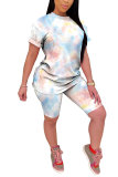 Powder blue Polyester Fashion Casual adult Patchwork Print Tie Dye Gradient Two Piece Suits pencil Short Sleeve Two Pieces