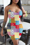 Yellow Fashion Casual Print Backless Spaghetti Strap Sleeveless Dress Dresses