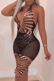 Black Fashion Sexy Patchwork Sequins See-through Backless Halter Sleeveless Dress