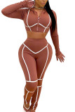 Coffee Sexy Twilled Satin Solid Hooded Collar Long Sleeve Regular Sleeve Short Two Pieces