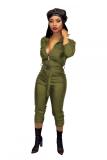 Army Green Fashion Sexy Solid bandage zipper PU Long Sleeve Turndown Collar