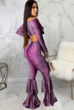 purple Polyester Sexy Print Patchwork Two Piece Suits Boot Cut Long Sleeve Two-piece Pants Set