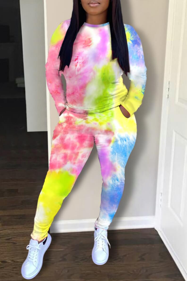 Pink Casual Patchwork Tie-dye O Neck Long Sleeve Two Pieces