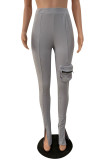 Blue Fashion Casual Solid Slit Regular High Waist Conventional Solid Trousers