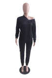 Black Fashion Casual Print Patchwork V Neck Long Sleeve Two Pieces