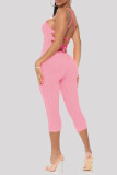 Pink Sexy Casual Solid Backless Square Collar Skinny Romper