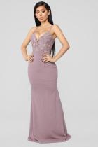 Pink Polyester Sexy Fashion Spaghetti Strap Sleeveless Slip A-Line Floor-Length Patchwork Mesh lace persp