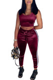 Wine Red Velvet Fashion Casual adult Ma'am Patchwork Solid Two Piece Suits Straight Sleeveless Two Pieces