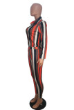 Orange Sexy Striped Print Turndown Collar Long Sleeve Two Pieces