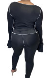 Black Street Sportswear Polyester Solid U Neck Long Sleeve Flare Sleeve Short Two Pieces