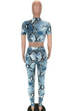 Cyan Polyester Fashion Sexy adult Ma'am Print serpentine Two Piece Suits pencil Short Sleeve Two Pieces