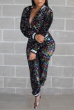 Black Casual Solid Sequins O Neck Long Sleeve Two Pieces