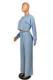 Light Blue Casual Solid O Neck Long Sleeve Two Pieces