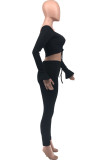 Black Fashion Casual Adult Solid Patchwork Strapless Long Sleeve Flare Sleeve Short Two Pieces