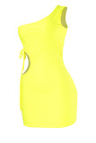 Yellow Fashion Sexy Solid Hollowed Out fur One Shoulder Sleeveless Dress