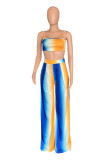 Blue Yellow Sexy Casual Striped Print Backless Spaghetti Strap Two Pieces