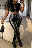 Black Sexy Solid Patchwork Skinny No(Nonelastic) High Waist Pencil Bottoms