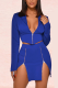 Blue Sexy Solid Patchwork Slit Turndown Collar Two Pieces