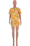 Yellow Fashion Casual Print Character Two Piece Suits pencil Short Sleeve Two Pieces