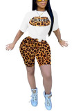 Yellow Fashion Active adult Leopard Patchwork Print Two Piece Suits Lips Print pencil Short Sleeve Two Pieces
