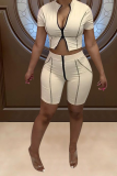 Milky Sexy Solid Patchwork Zipper Collar Short Sleeve Two Pieces