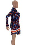 Tibetan Blue Sexy Print Patchwork Turndown Collar Straight Dresses