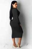 Black Polyester Casual Cap Sleeve Long Sleeves V Neck A-Line Mid-Calf Solid Club Dresses