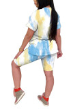 Blue Polyester Fashion Casual adult Patchwork Print Tie Dye Two Piece Suits Straight Short Sleeve Two Pieces