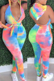 Multicolor Fashion Sexy Print Tie Dye Backless Hooded Collar Regular Jumpsuits
