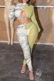 Green Sexy Camouflage Print See-through Mesh Half A Turtleneck Long Sleeve Two Pieces