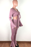 purple Casual Solid V Neck Long Sleeve Flare Sleeve Short Two Pieces