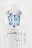 Blue Sexy Print Patchwork U Neck Tops