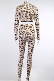 Leopard print Sexy Milk Fiber Print Split Joint O Neck Long Sleeve Regular Sleeve Short Two Pieces