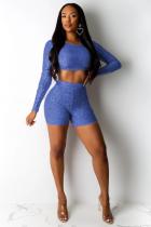 Blue Polyester Sexy Fashion Slim fit Two Piece Suits asymmetrical Solid crop top Skinny Long Sleeve Two-