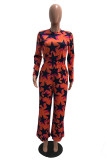 Orange Red Fashion Print Without Belt O Neck Jumpsuits