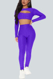 Purple Sexy Solid Hollowed Out O Neck Long Sleeve Two Pieces