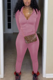Pink Fashion Sexy Polyester Solid Zipper Collar Long Sleeve Regular Sleeve Regular Two Pieces