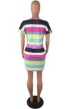 Multi-color Polyester Casual Fashion Cap Sleeve Short Sleeves O neck Straight Mini Striped Casual Dresses