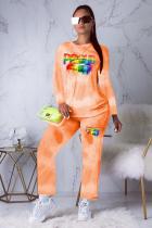 Orange Polyester Active Print Straight Long Sleeve Two-piece Pants Set