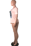 Pink Casual Print Patchwork O Neck Short Sleeve Two Pieces