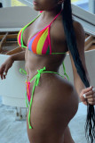 Rainbow Color Fashion Sexy Striped Print Backless Strap Design Swimwears