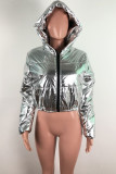 Silver hooded Solid PU Pure Long Sleeve Coats & Cardigan