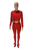 Pink Casual Solid Draw String O Neck Long Sleeve Two Pieces