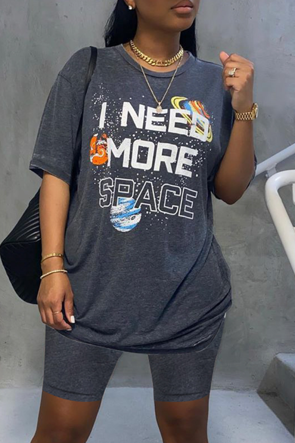 Grey Casual Print Patchwork O Neck Short Sleeve Two Pieces