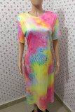 Yellow and pink Polyester Casual O Neck Print Tie Dye Pattern Plus Size