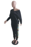 Black Fashion Casual Print Patchwork V Neck Long Sleeve Two Pieces