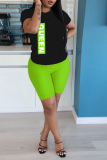 Orange Casual Print Letter O Neck Short Sleeve Two Pieces
