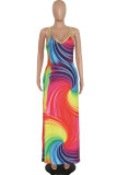 Red Fashion Sexy Spaghetti Strap Sleeveless Slip Pleated Floor-Length Print asymmetrical Patchwork